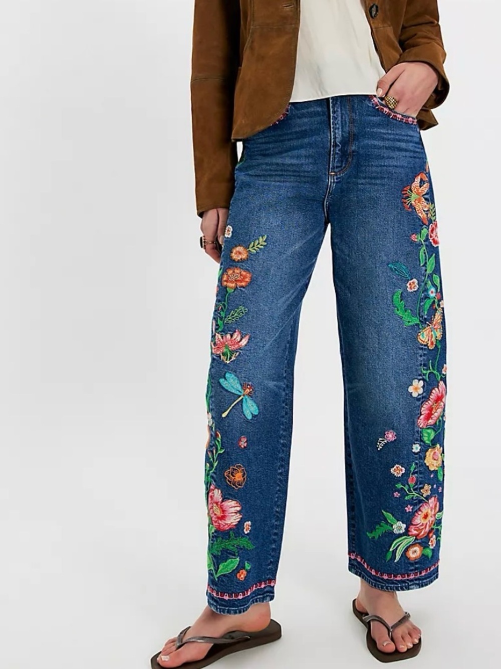Free People Driftwood Davina Barrel Embroidered Blue Wide-Leg Women’s Jeans 27